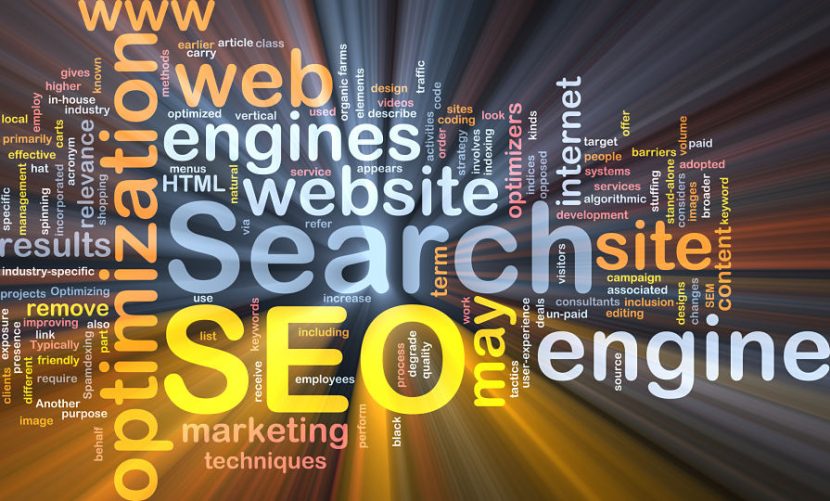 SEO and search engine optimization word cloud showing key digital marketing concepts
